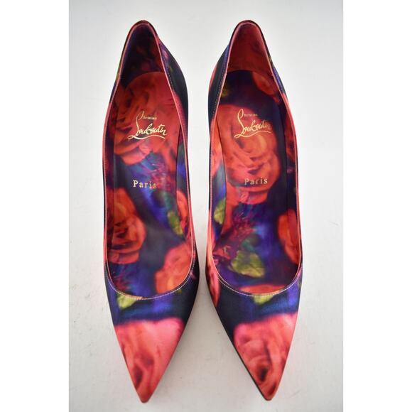 Christian Louboutin Kate 100 Crepe Satin Roses Red Blue Pointed Heel Pump 39.5 - Picture 7 of 15
